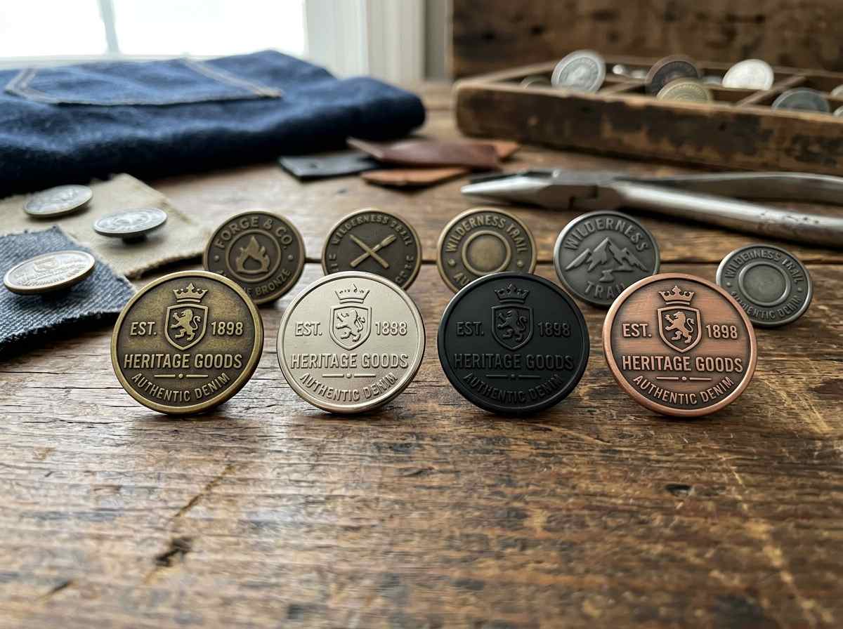 permanent button, The image shows several permanent button samples in different finishes arranged on a wooden table.
